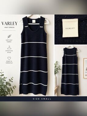 Varley Navy Midi Knit Dress with White Trim